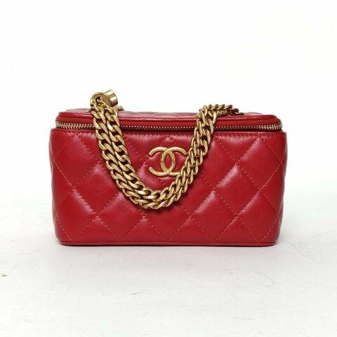 CHANEL 22K長盒子化妝包紅色羊皮晶片金扣調節扣鏈條肩背包