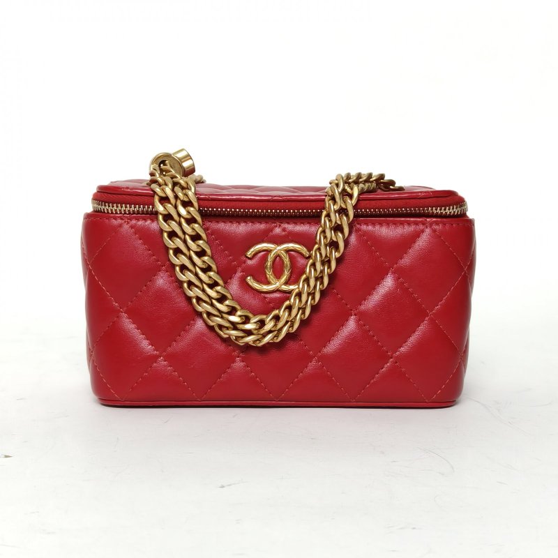 CHANEL 22K長盒子化妝包紅色羊皮晶片金扣調節扣鏈條肩背包-0