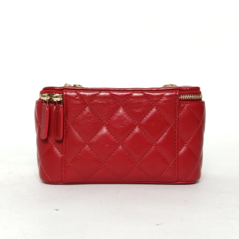 CHANEL 22K長盒子化妝包紅色羊皮晶片金扣調節扣鏈條肩背包-2