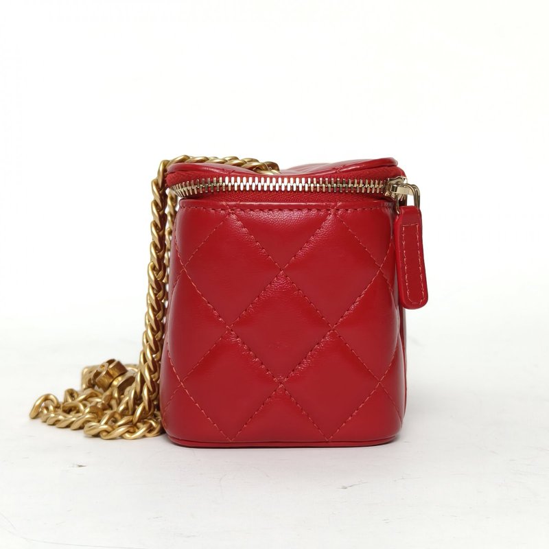 CHANEL 22K長盒子化妝包紅色羊皮晶片金扣調節扣鏈條肩背包-3