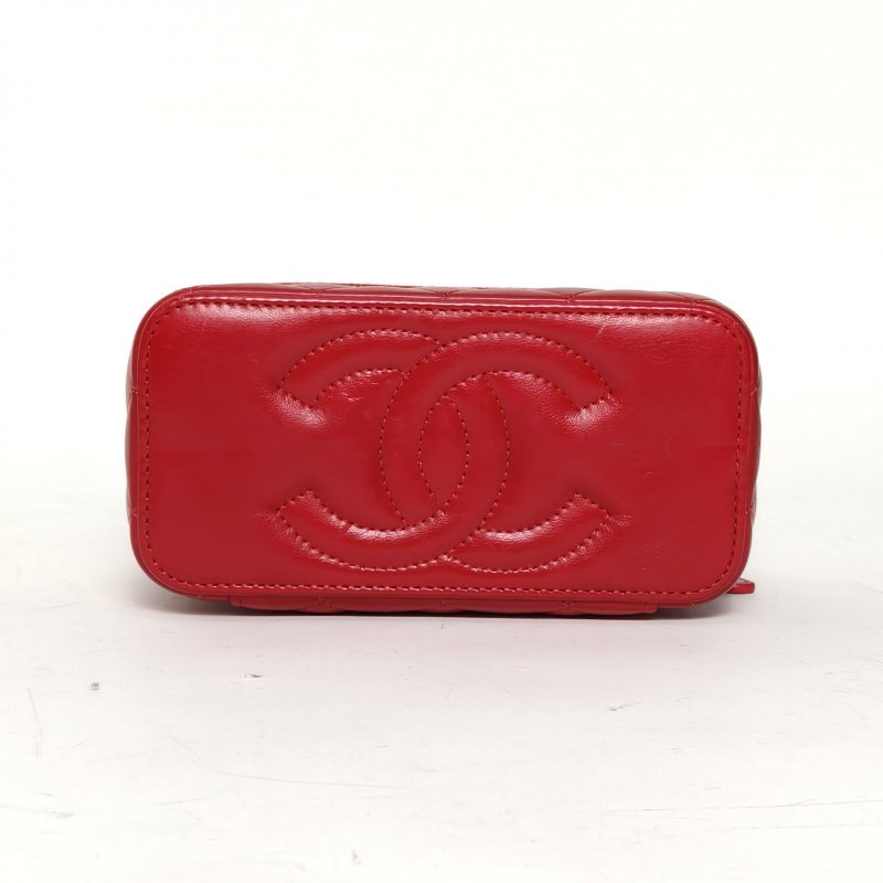 CHANEL 22K長盒子化妝包紅色羊皮晶片金扣調節扣鏈條肩背包-4
