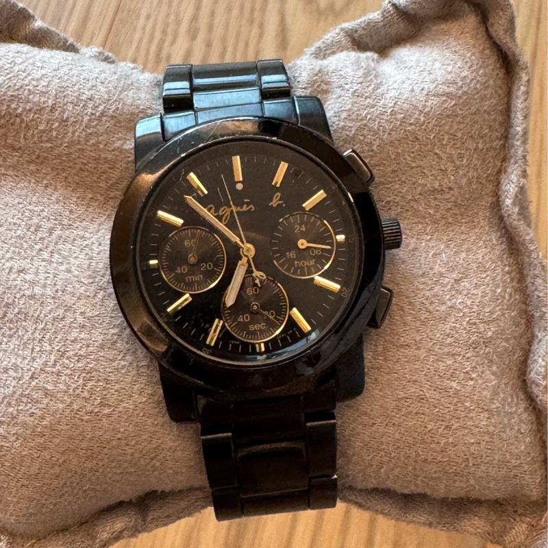 Agnes b三眼黑金38mm不銹鋼石英錶-1