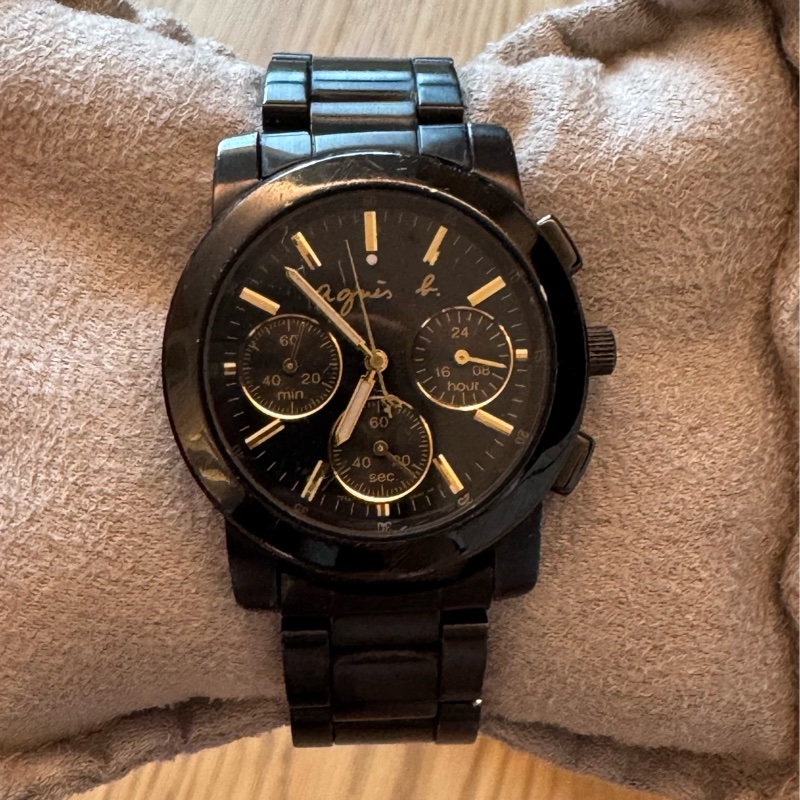 Agnes b三眼黑金38mm不銹鋼石英錶-2