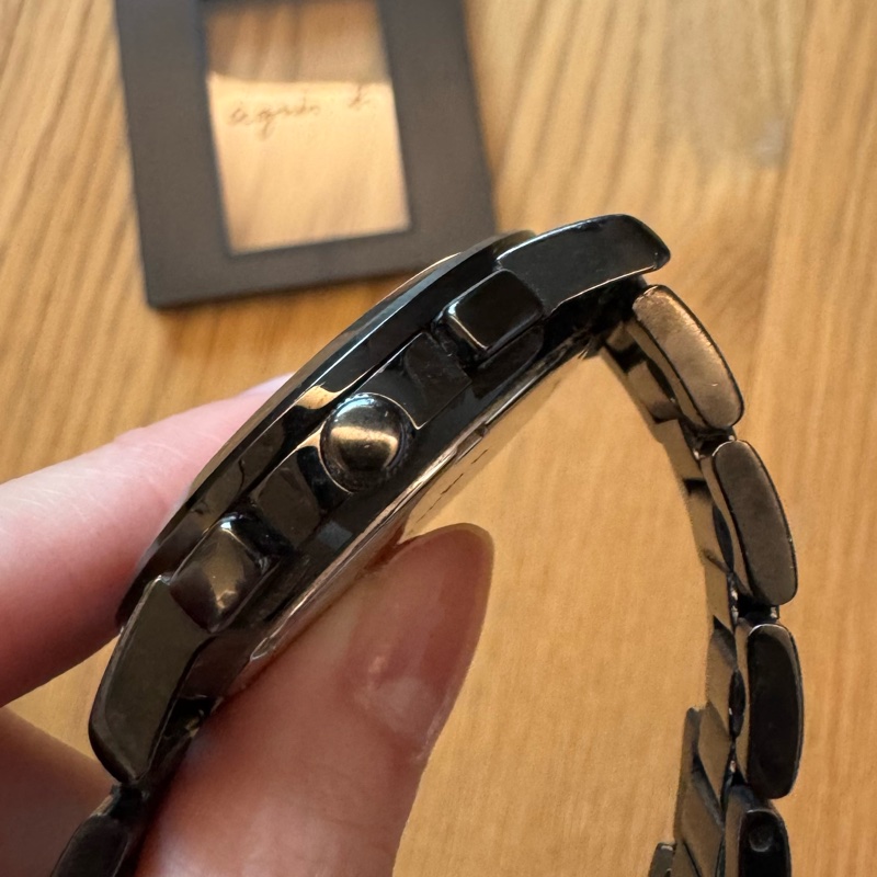 Agnes b三眼黑金38mm不銹鋼石英錶-5