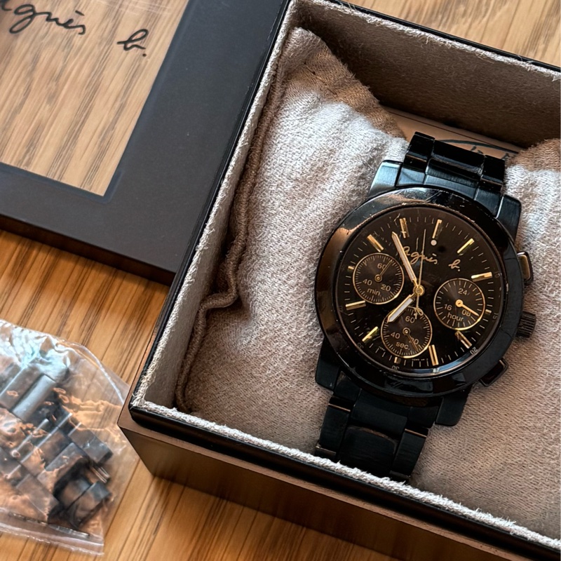 Agnes b三眼黑金38mm不銹鋼石英錶-7