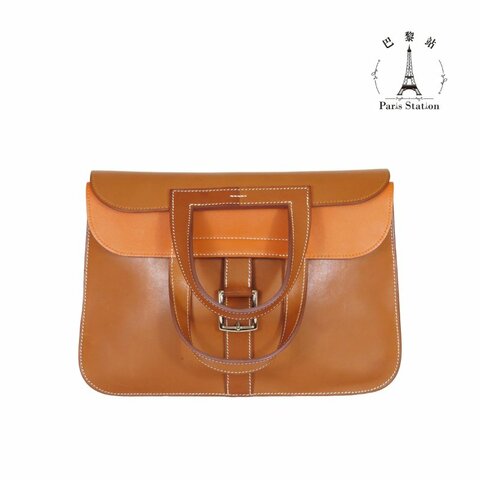【巴黎站二手名牌專賣店】＊現貨＊HERMES 愛馬仕 真品＊X刻HALZAN 31金棕色皮革銀釦斜背肩背包
