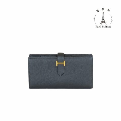 【巴黎站二手名牌專賣店】＊現貨＊HERMES 愛馬仕 真品＊Y刻黑色皮革金色H釦對折長夾