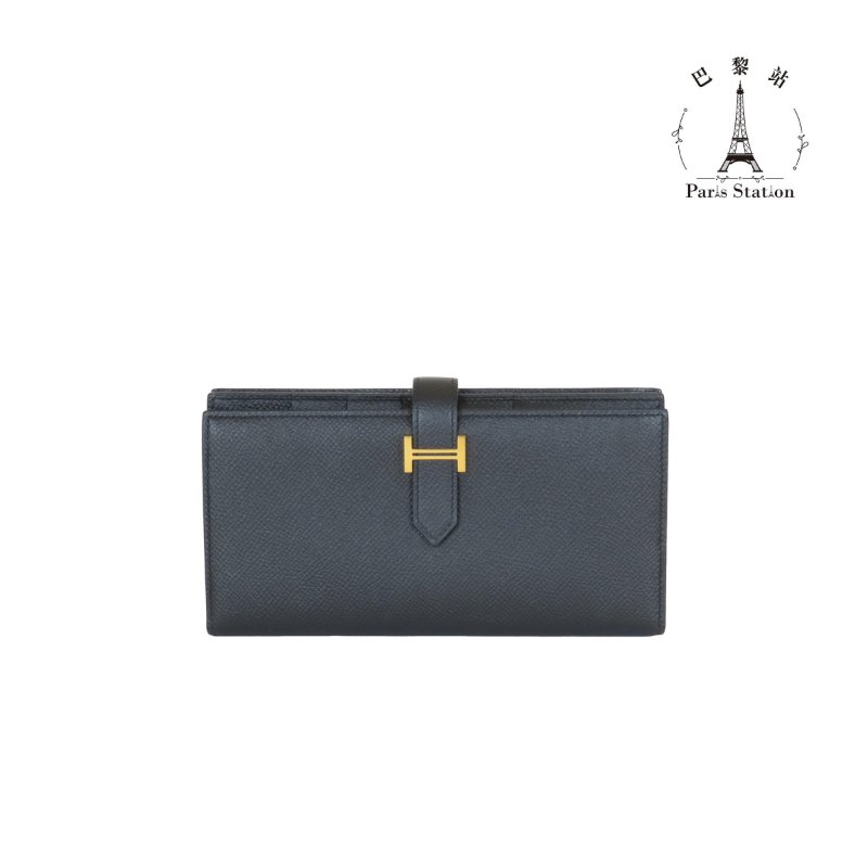 【巴黎站二手名牌專賣店】＊現貨＊HERMES 愛馬仕 真品＊Y刻黑色皮革金色H釦對折長夾-0