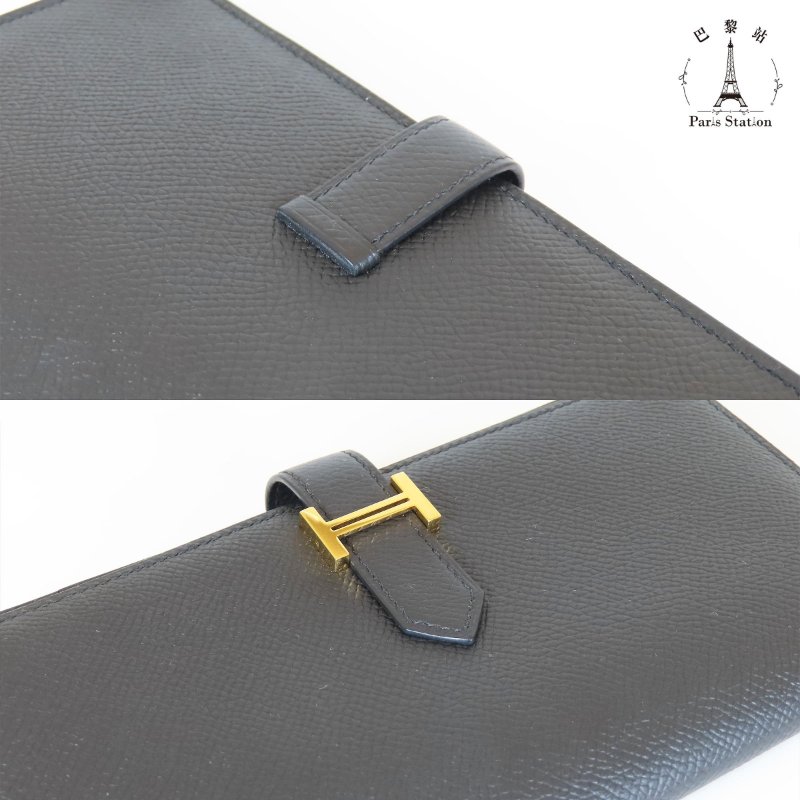 【巴黎站二手名牌專賣店】＊現貨＊HERMES 愛馬仕 真品＊Y刻黑色皮革金色H釦對折長夾-5