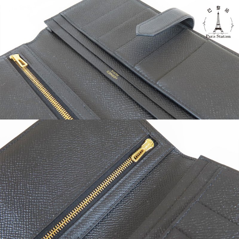【巴黎站二手名牌專賣店】＊現貨＊HERMES 愛馬仕 真品＊Y刻黑色皮革金色H釦對折長夾-6