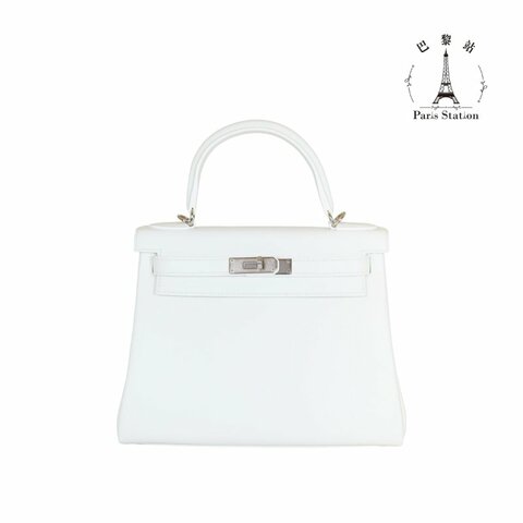 【巴黎站二手名牌專賣店】＊現貨＊HERMES 愛馬仕 真品＊U刻奶昔白銀扣KELLY28 手提包 肩背包