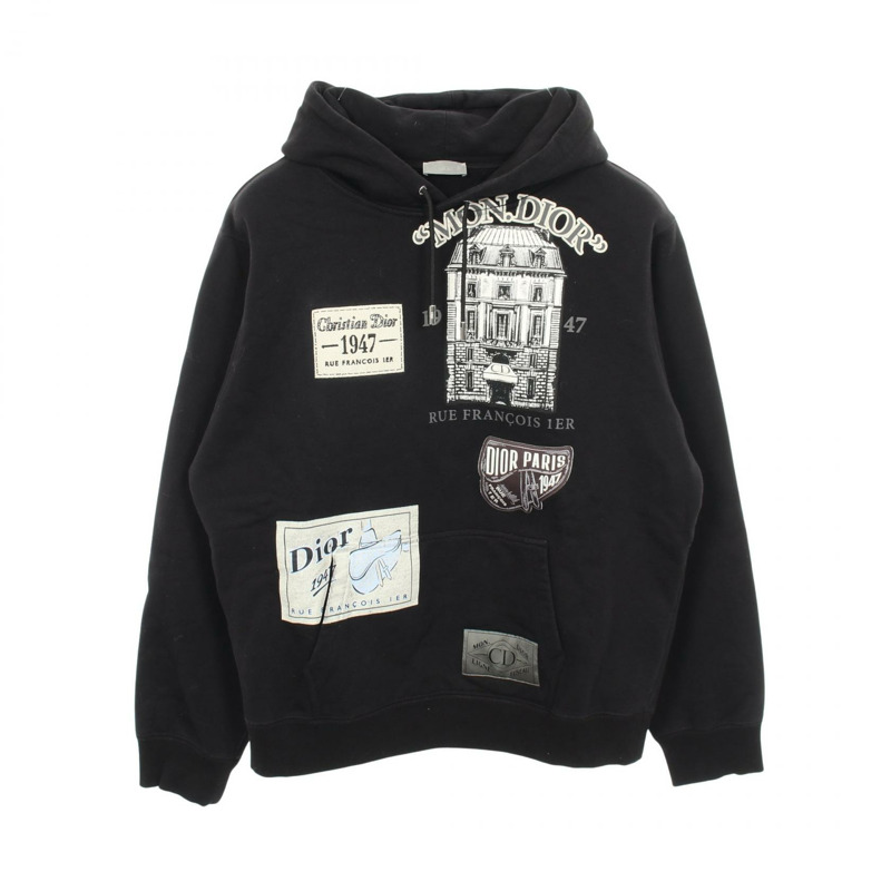 Christian Dior Archive 貼片連帽衫，拉絨內襯，純棉材質，黑色，二手，XL 碼-0