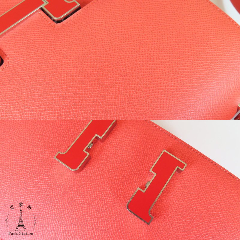 【巴黎站二手名牌專賣店】＊現貨＊HERMES 愛馬仕 真品＊Z刻橘紅色皮革銀邊H琺瑯釦CONSTANCE24康康肩背斜背包-6