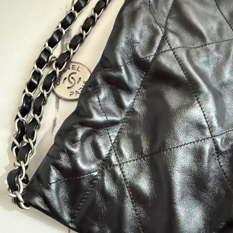 香奈兒垃圾袋中號黑色銀字 22bag 全配-8