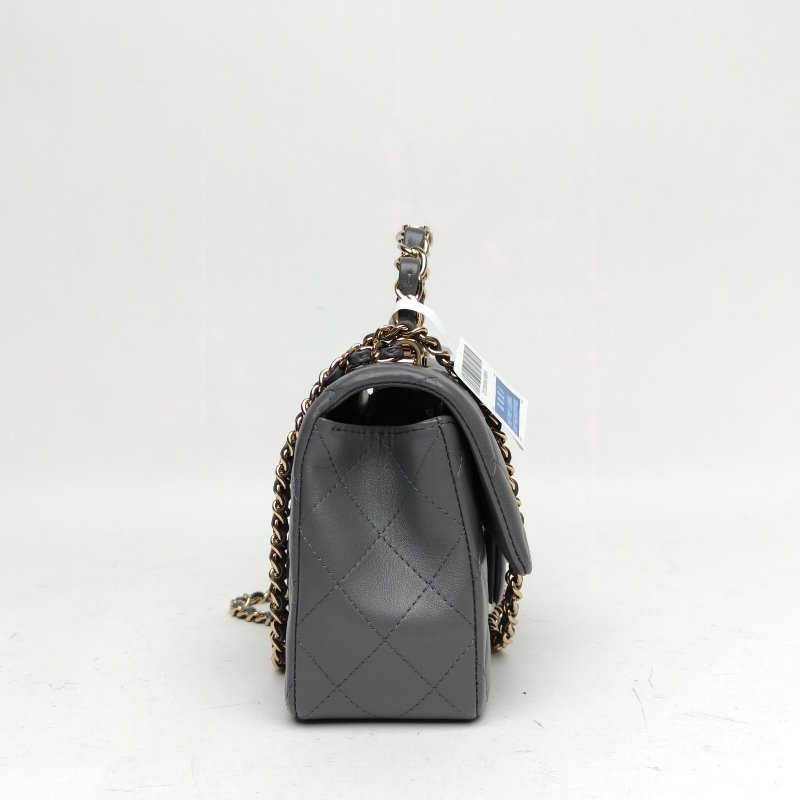 CHANEL CF23K大mini手提灰色羊皮晶片淺金扣菱格紋肩背包-3
