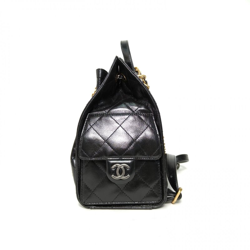 CHANEL 25bag雙肩包黑色牛皮晶片開金銀扣肩背包-1
