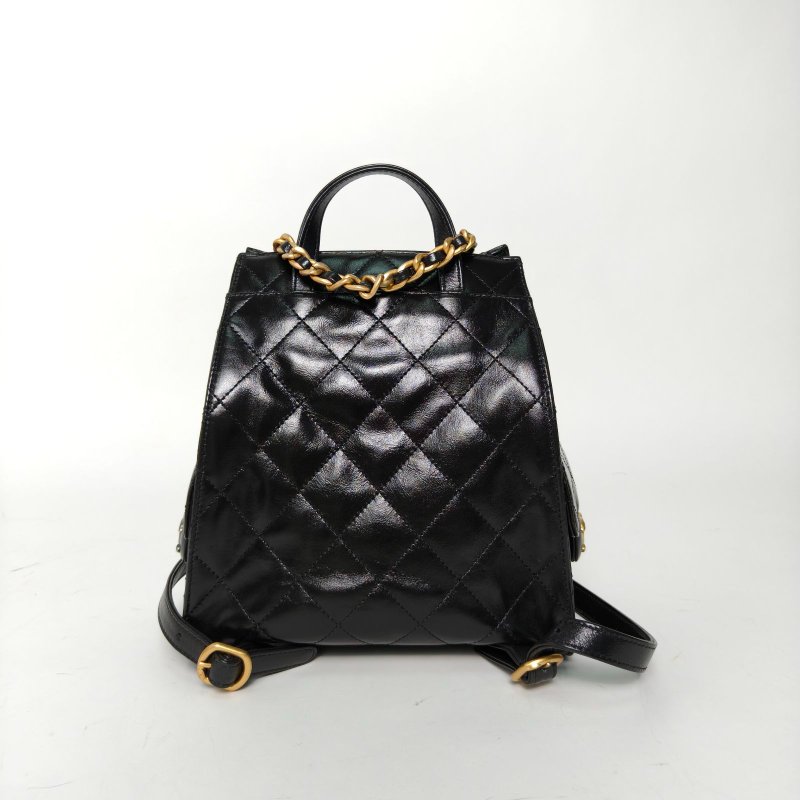 CHANEL 25bag雙肩包黑色牛皮晶片開金銀扣肩背包-2