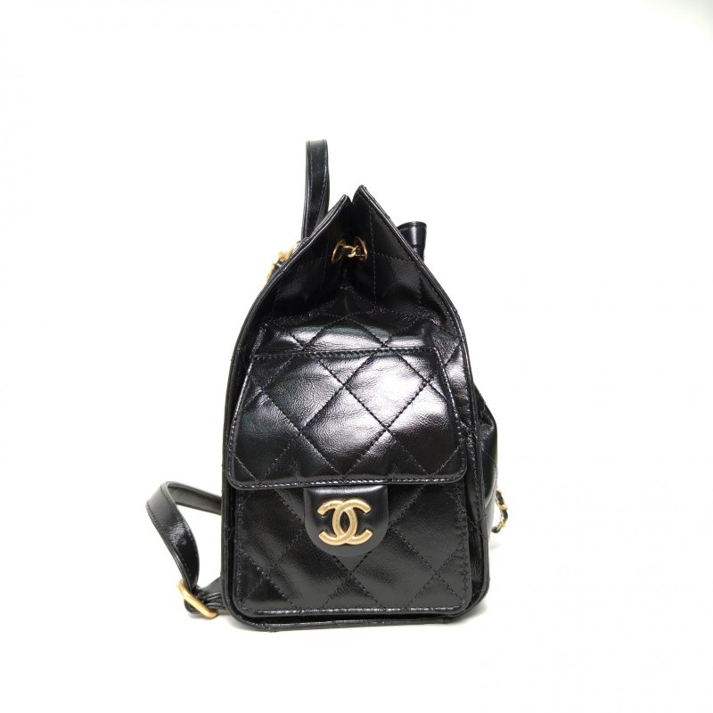 CHANEL 25bag雙肩包黑色牛皮晶片開金銀扣肩背包-3
