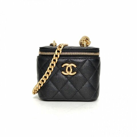 CHANEL 23P方盒子化妝包愛心金球黑色荔枝牛皮金扣肩背包