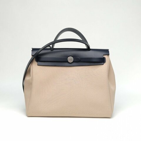 HERMES Herbag31米色拼印度藍帆布/牛皮W刻銀扣肩背包