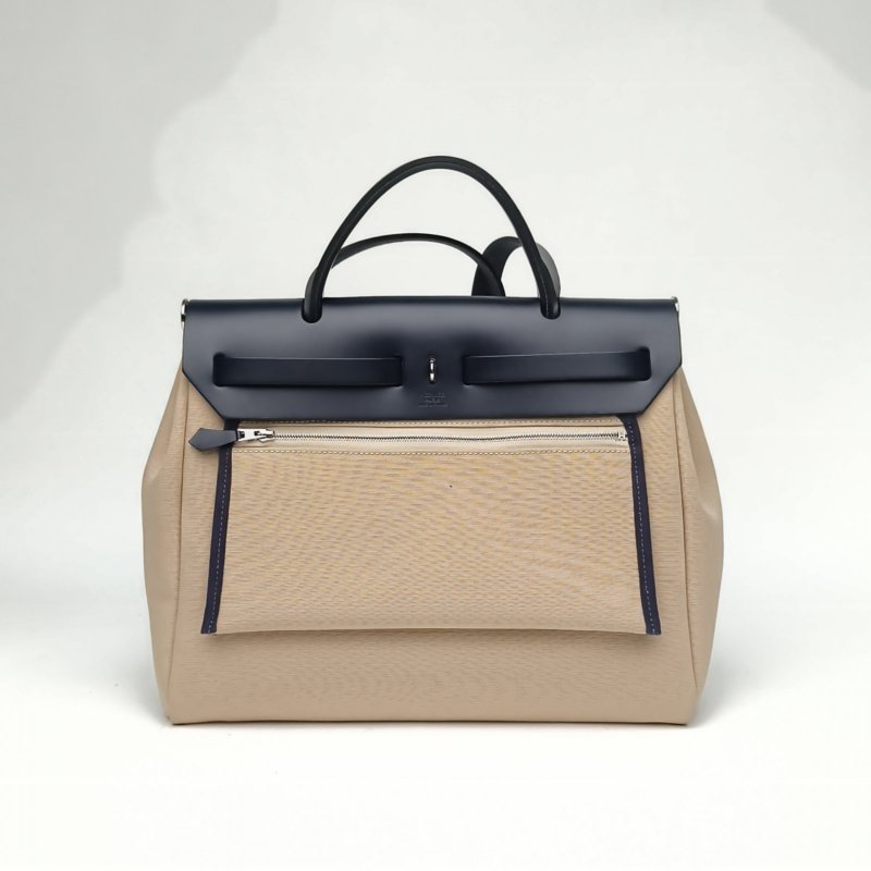 HERMES Herbag31米色拼印度藍帆布/牛皮W刻銀扣肩背包-2