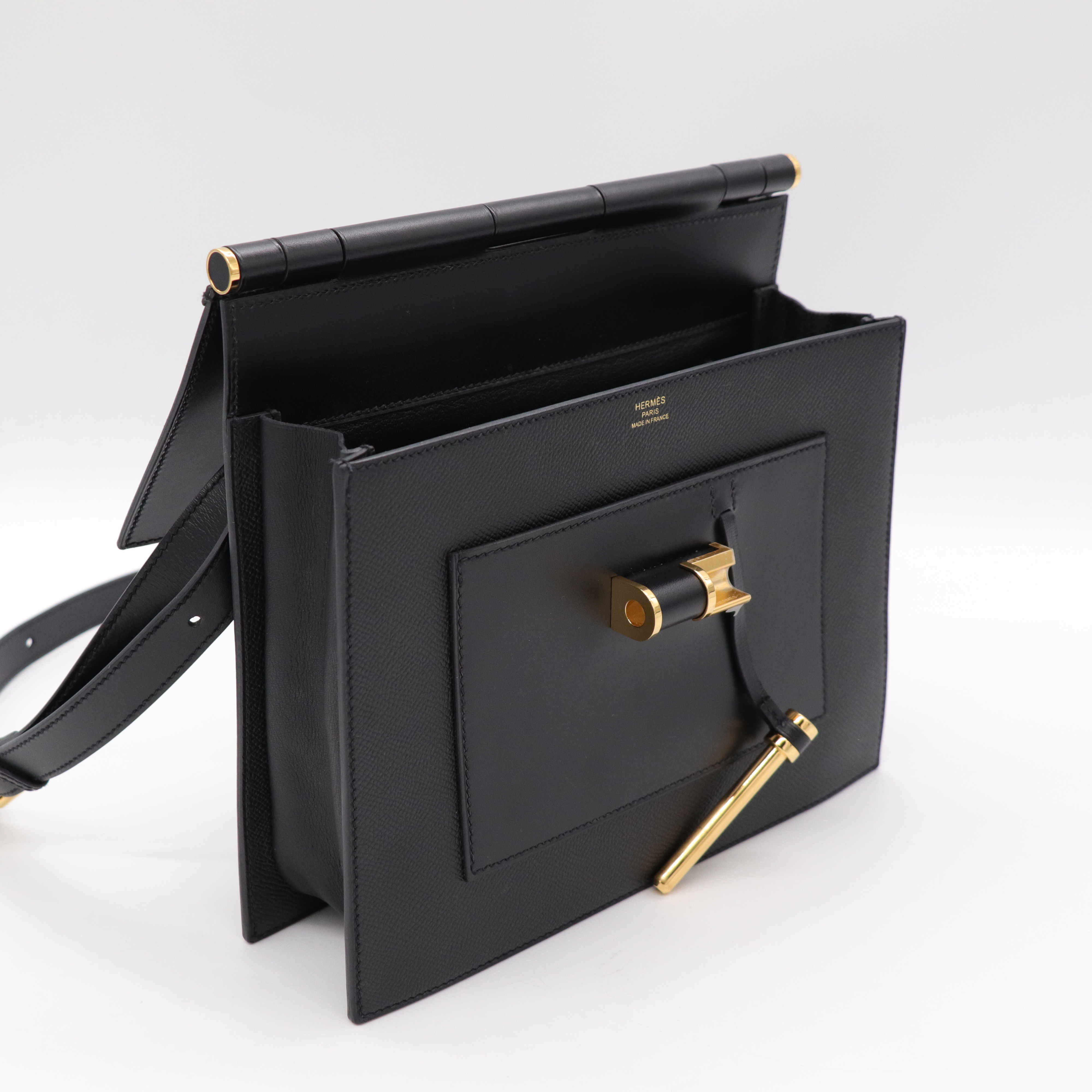 Hermès 愛馬仕 Sacabar  25 Box 牛皮 Epsom 牛皮  黑色 金釦 插銷包 肩背包-15