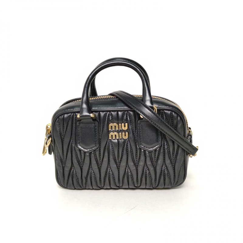 MIU MIU Matelasse褶皺保齡球包15黑色羊皮金扣肩背包-0