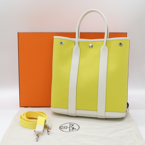 Hermès 愛馬仕 Garden File28 檸檬黃 帆布 白色 牛皮 銀扣 Y 刻