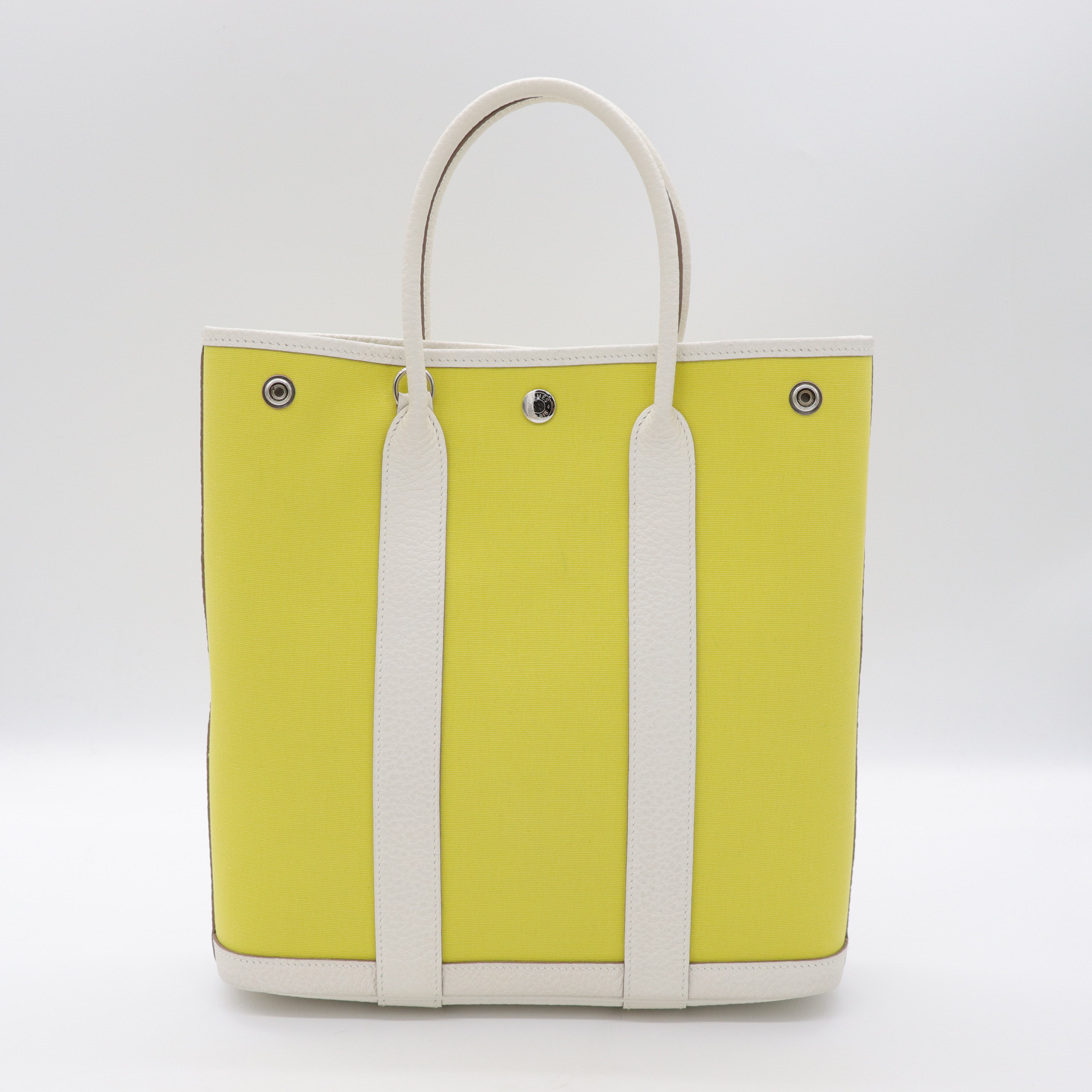 Hermès 愛馬仕 Garden File28 檸檬黃 帆布 白色 牛皮 銀扣 Y 刻-1