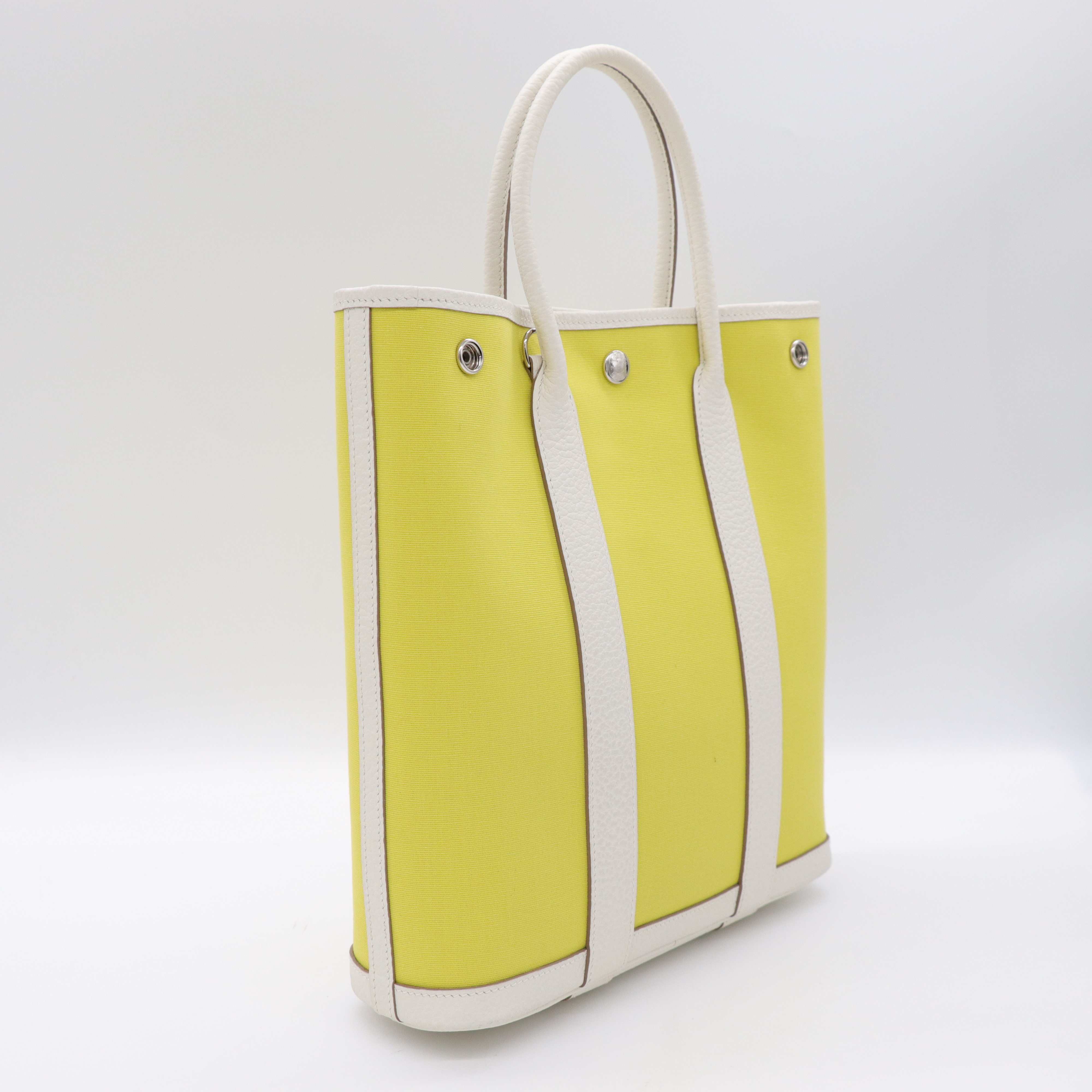 Hermès 愛馬仕 Garden File28 檸檬黃 帆布 白色 牛皮 銀扣 Y 刻-3
