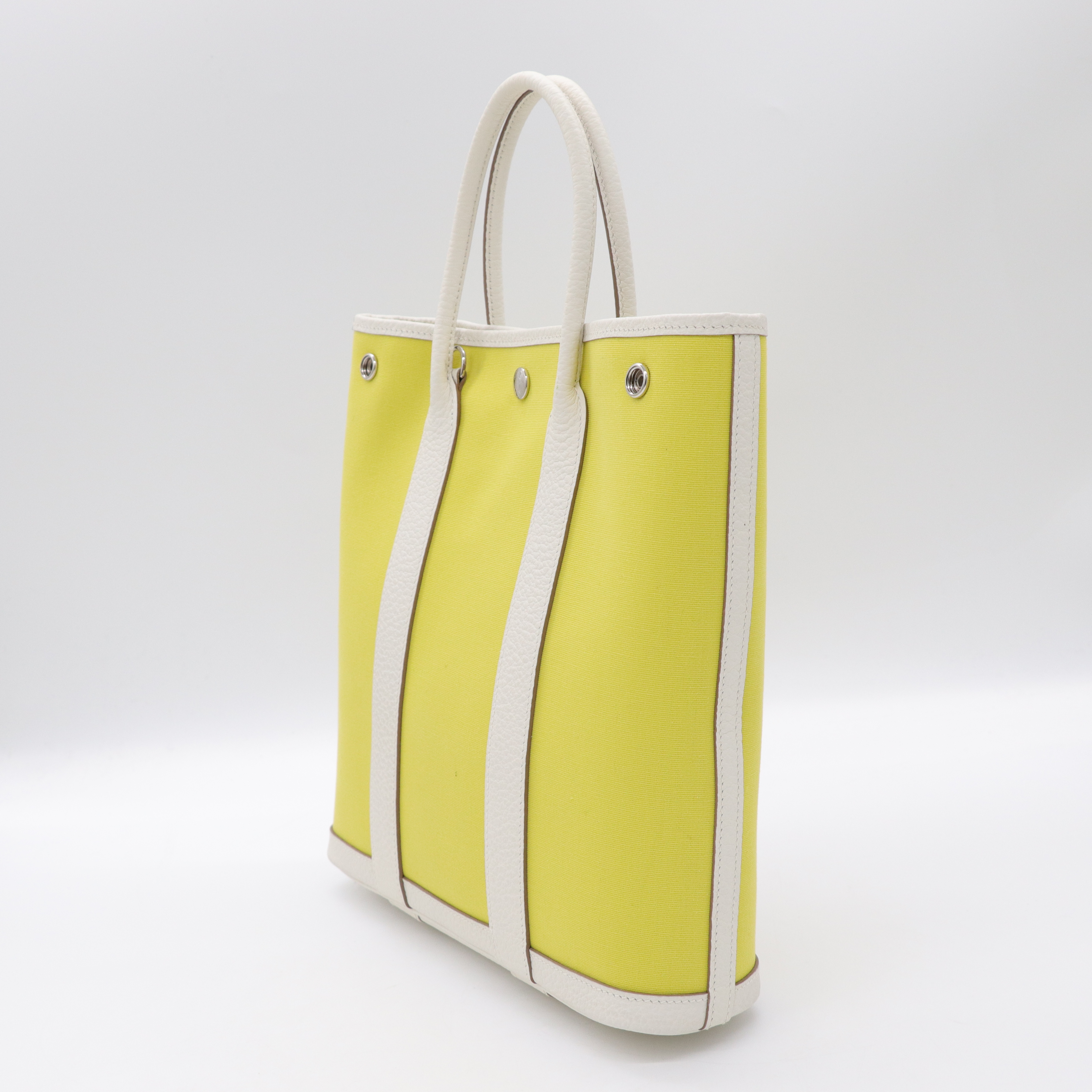 Hermès 愛馬仕 Garden File28 檸檬黃 帆布 白色 牛皮 銀扣 Y 刻-4