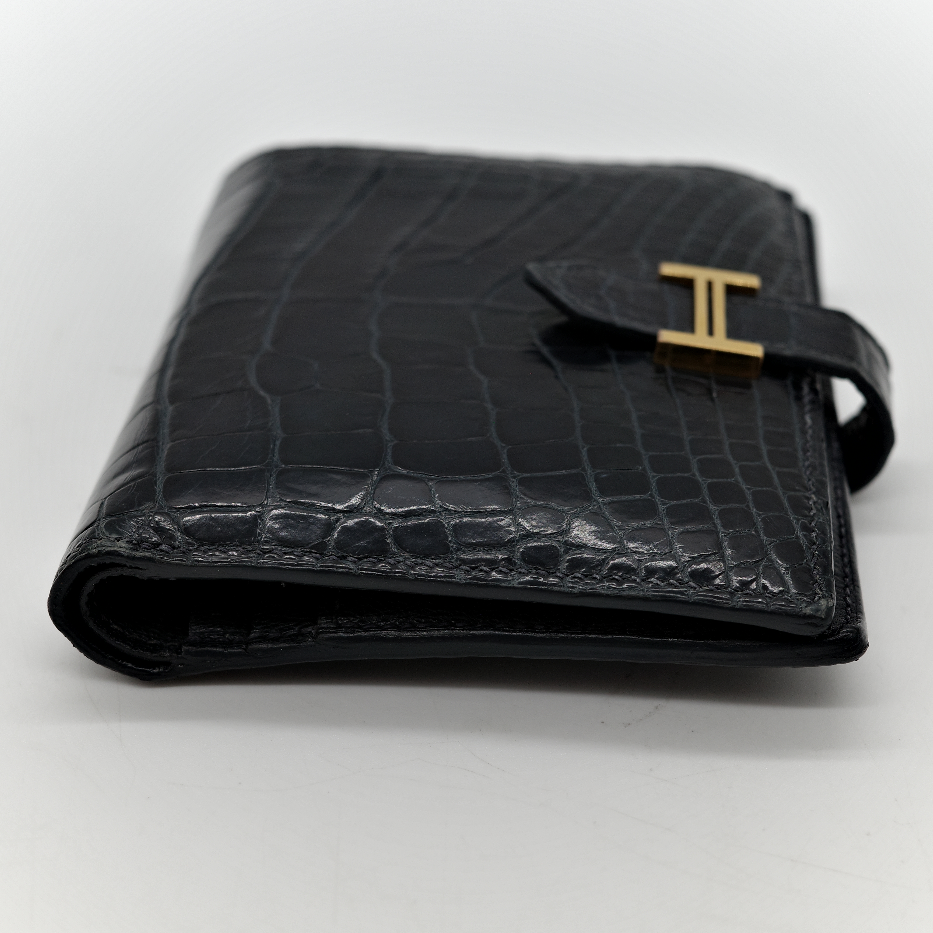 Hermès 愛馬仕 黑色 方塊 霧面鱷魚 金釦 短夾 錢包 U 刻-5