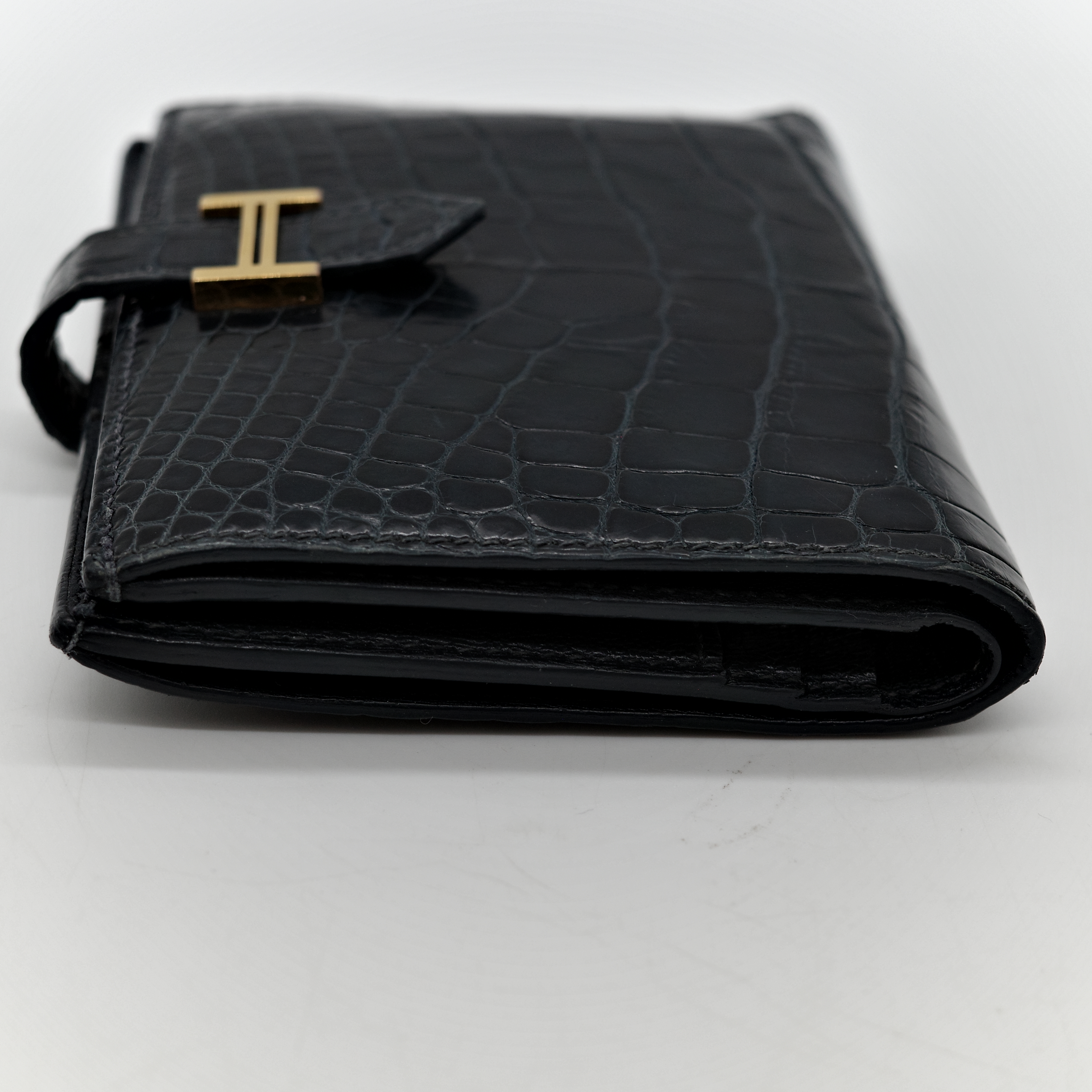 Hermès 愛馬仕 黑色 方塊 霧面鱷魚 金釦 短夾 錢包 U 刻-6