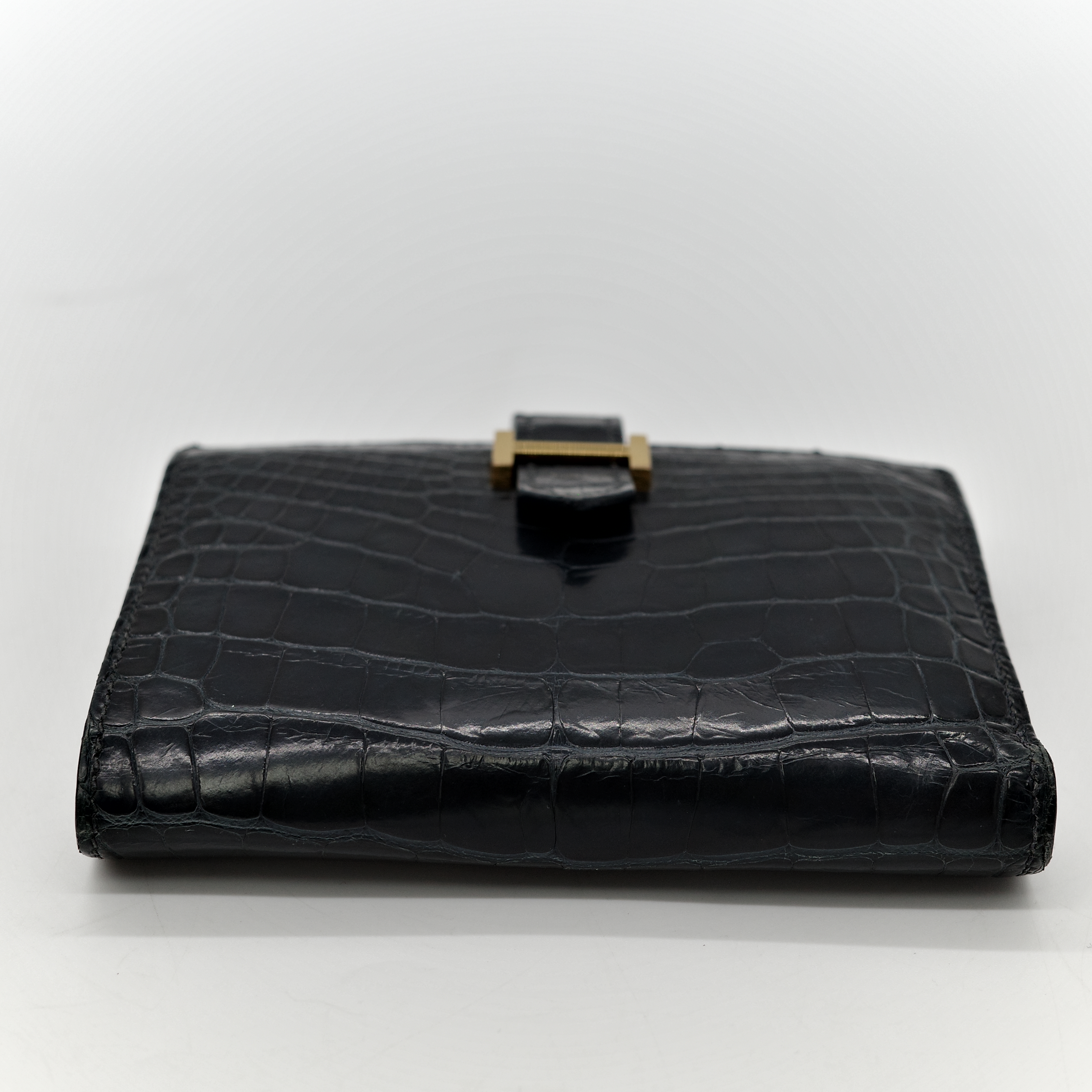 Hermès 愛馬仕 黑色 方塊 霧面鱷魚 金釦 短夾 錢包 U 刻-7
