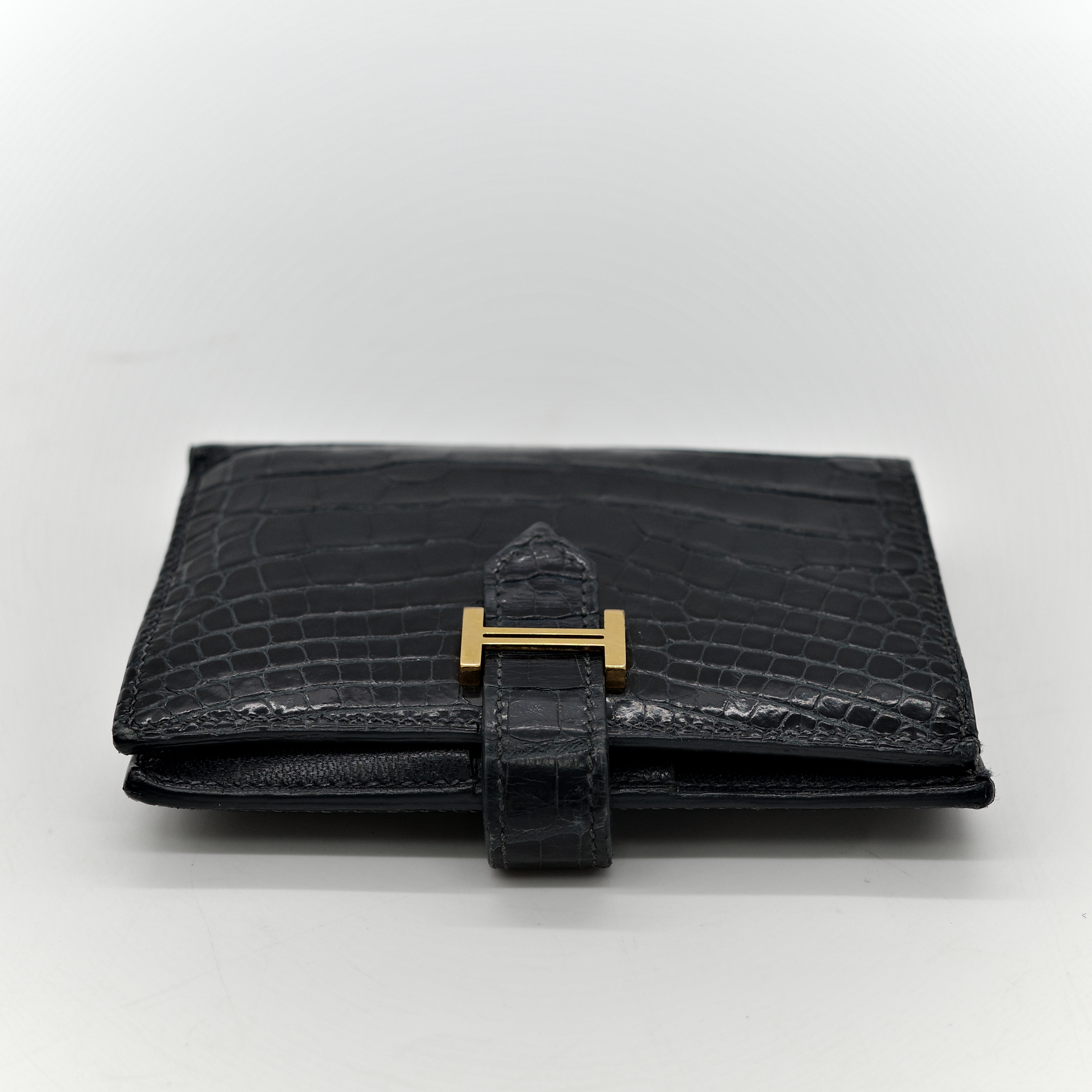 Hermès 愛馬仕 黑色 方塊 霧面鱷魚 金釦 短夾 錢包 U 刻-8