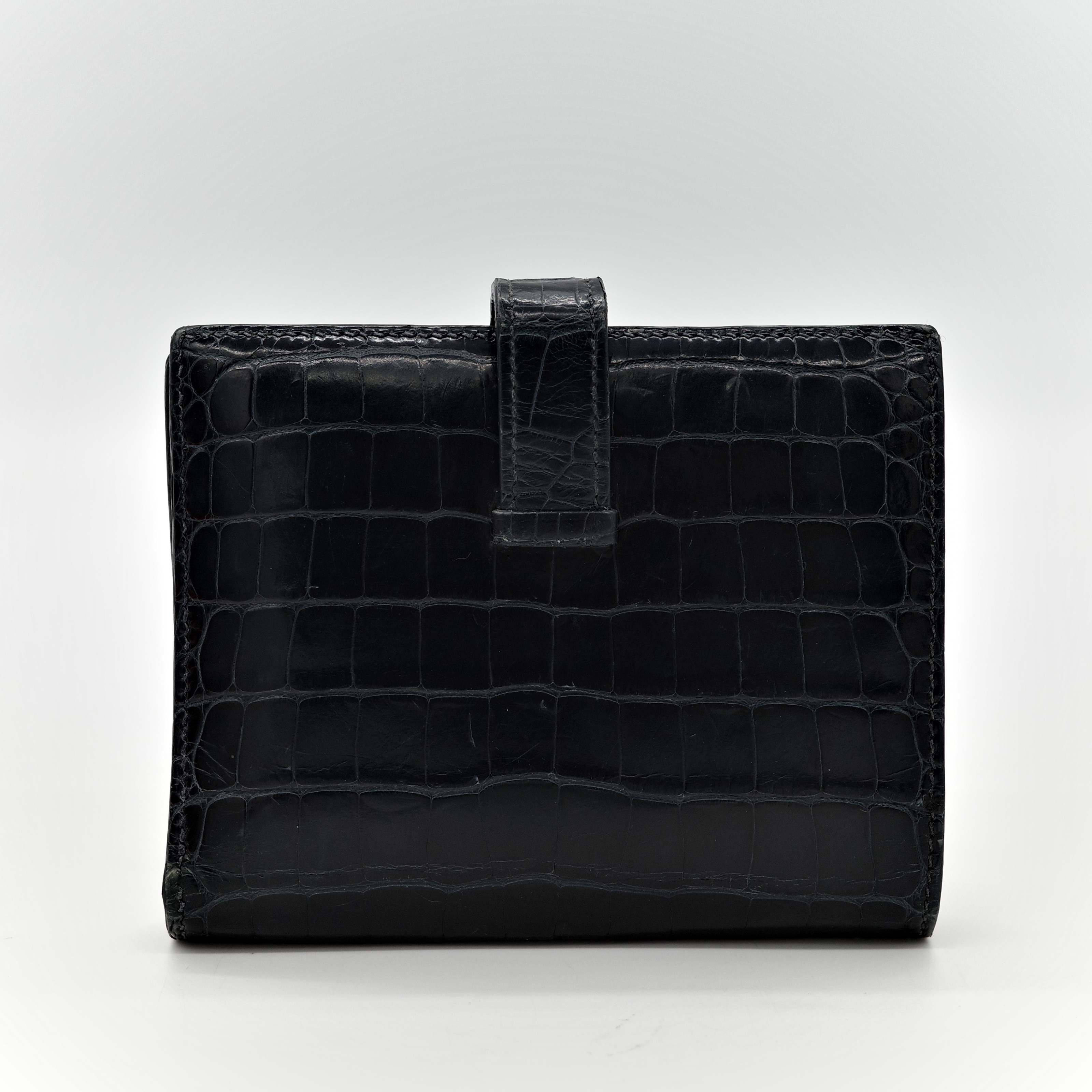 Hermès 愛馬仕 黑色 方塊 霧面鱷魚 金釦 短夾 錢包 U 刻-9