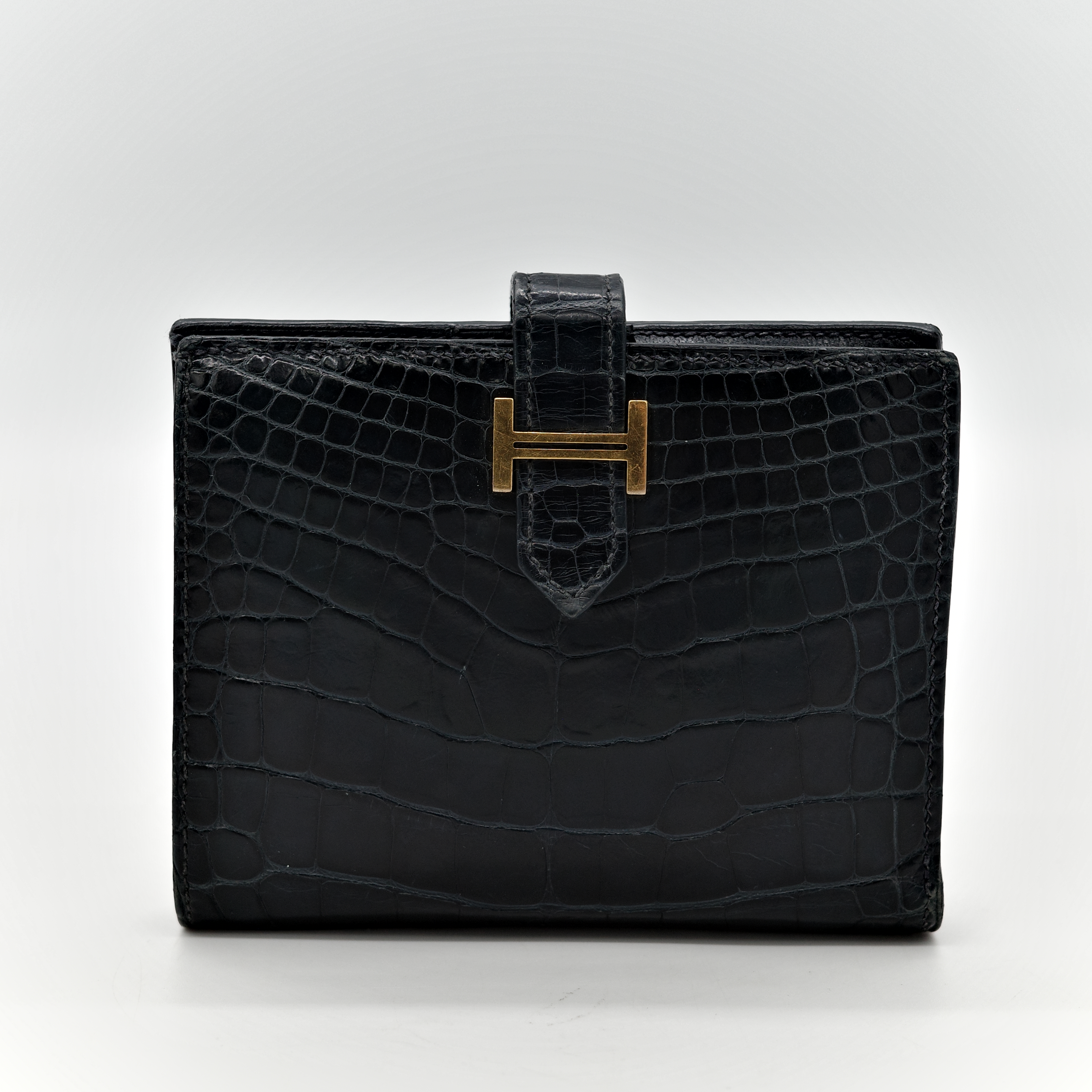 Hermès 愛馬仕 黑色 方塊 霧面鱷魚 金釦 短夾 錢包 U 刻-10