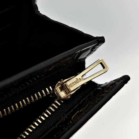 Hermès 愛馬仕 方塊 亮面鱷魚 黑色 金釦 短夾 腰包 U 刻
