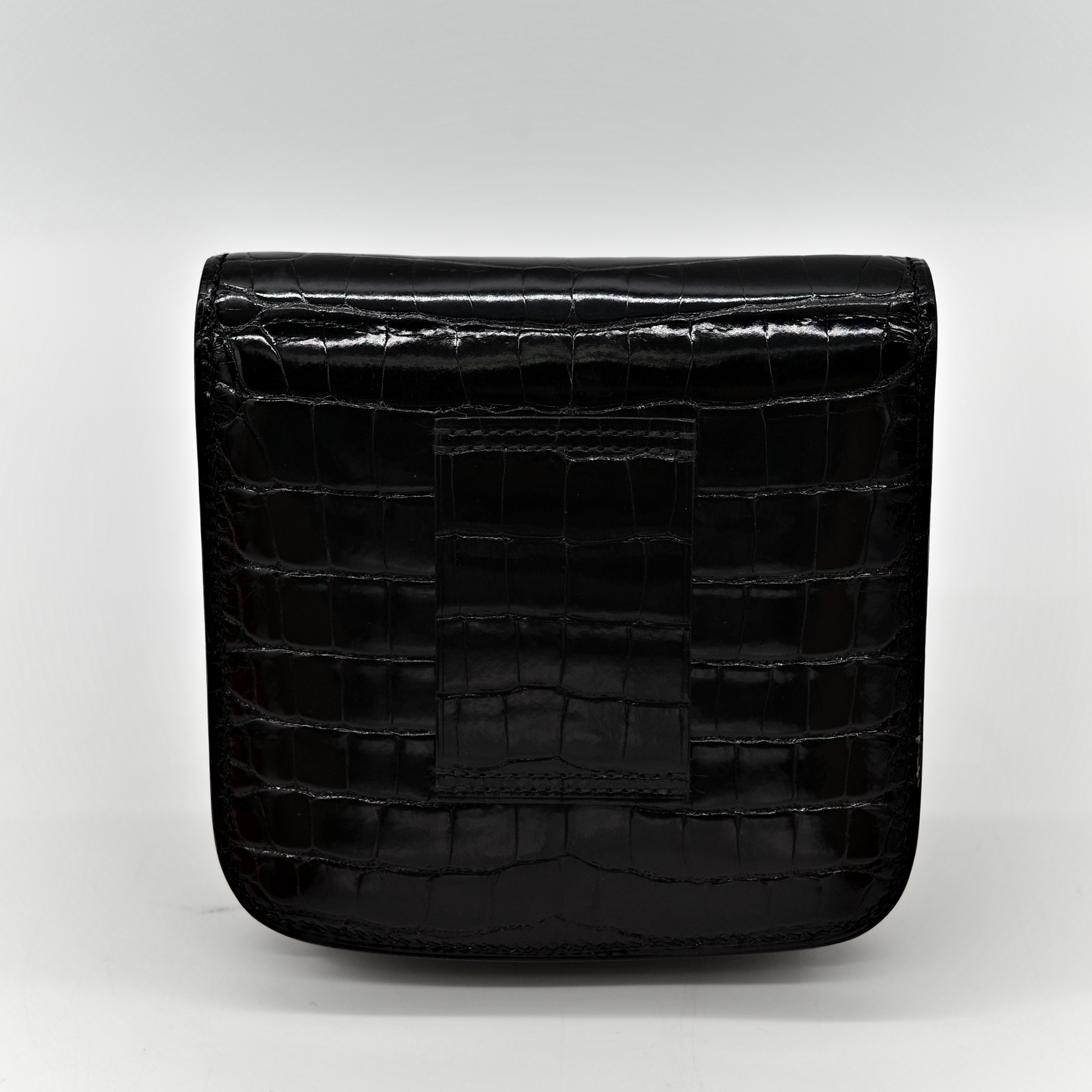 Hermès 愛馬仕 方塊 亮面鱷魚 黑色 金釦 短夾 腰包 U 刻-8