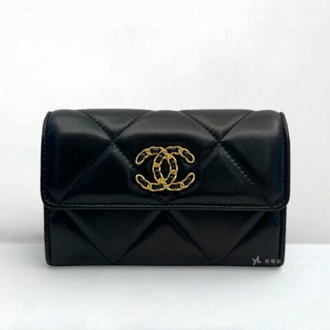 S5270-CHANEL 19黑羊皮金釦下蓋中夾AP2700