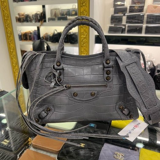 東區正精品㊣BALENCIAGA 431621 CITY'S 巴黎世家灰藍色全皮鱷魚壓紋小釦機車包斜背包手提包 RA1864-0