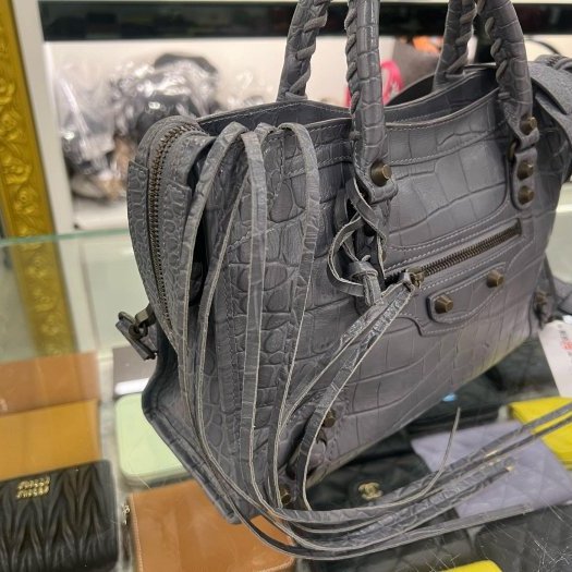 東區正精品㊣BALENCIAGA 431621 CITY'S 巴黎世家灰藍色全皮鱷魚壓紋小釦機車包斜背包手提包 RA1864-1