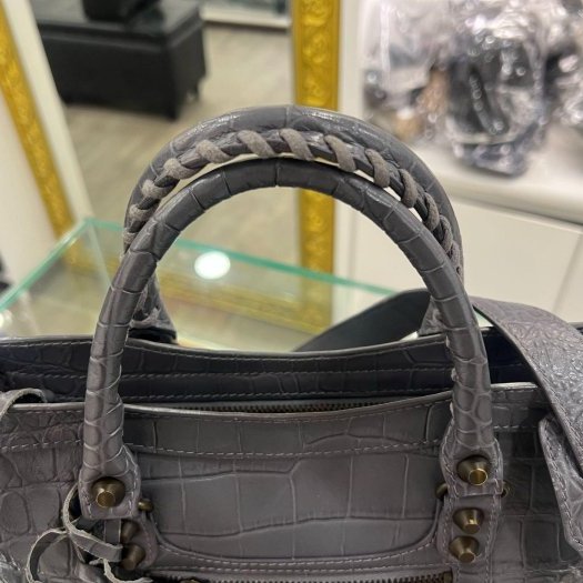 東區正精品㊣BALENCIAGA 431621 CITY'S 巴黎世家灰藍色全皮鱷魚壓紋小釦機車包斜背包手提包 RA1864-7