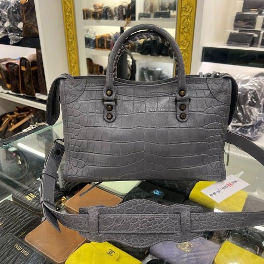 東區正精品㊣BALENCIAGA 431621 CITY'S 巴黎世家灰藍色全皮鱷魚壓紋小釦機車包斜背包手提包 RA1864-8