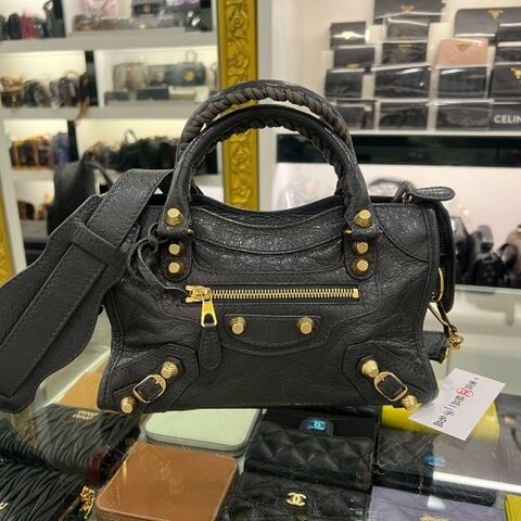 東區正精品㊣BALENCIAGA Mini City 309544 鉛灰色羊皮金釦手提包斜背包機車包 RA1863