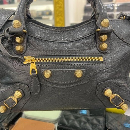 東區正精品㊣BALENCIAGA Mini City 309544 鉛灰色羊皮金釦手提包斜背包機車包 RA1863-2