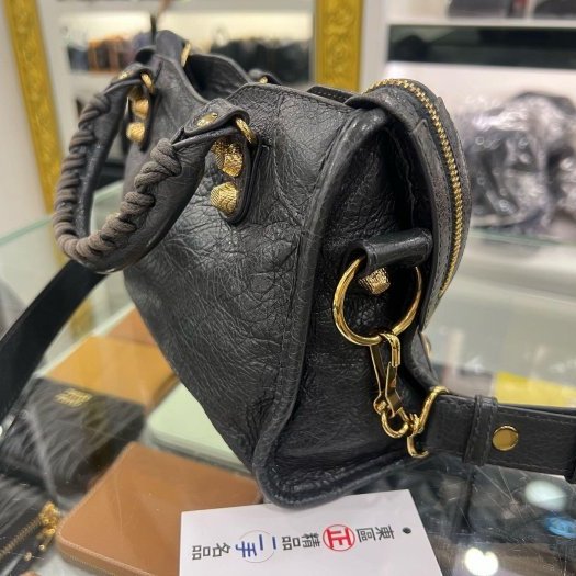東區正精品㊣BALENCIAGA Mini City 309544 鉛灰色羊皮金釦手提包斜背包機車包 RA1863-4