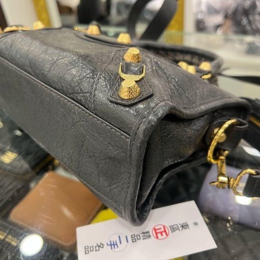東區正精品㊣BALENCIAGA Mini City 309544 鉛灰色羊皮金釦手提包斜背包機車包 RA1863-10