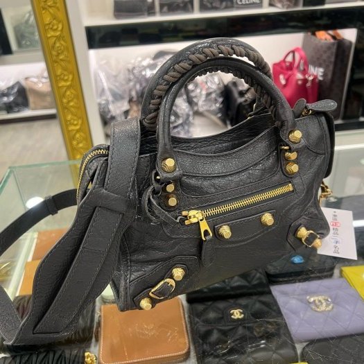 東區正精品㊣BALENCIAGA Mini City 309544 鉛灰色羊皮金釦手提包斜背包機車包 RA1863-12