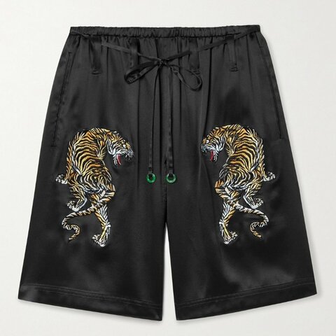 100% 絲質 ::Alexander Wang:: Tiger-embroidered Silk-satin Pyjama Shorts In Black 黑色絲緞老虎刺繡睡衣短褲 S號